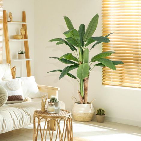 Décoration verte sans entretien, arbre artificiel tropical avec pot en ciment et feuillage réaliste (1/5)