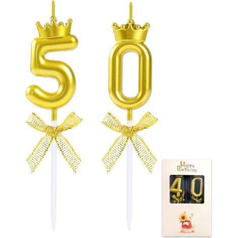 Bougie dorée en forme de chiffre 50 avec couronne pour garçon et fille - Décoration de gâteau d'anniversaire ou d'anniversaire de mariage (1/5)