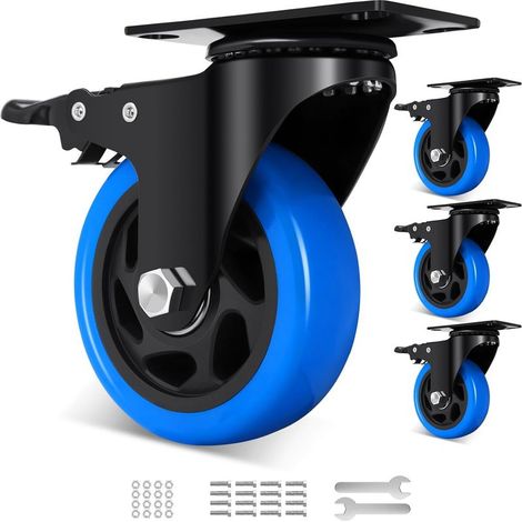 Schwerlastrollen (100 mm) mit doppelter Feststellbremse, Polyurethan-Lenkrollen für Möbel, Tragkraft 800 kg, 360°-Transportrollen für den Außen- und Industrieeinsatz (1/4)