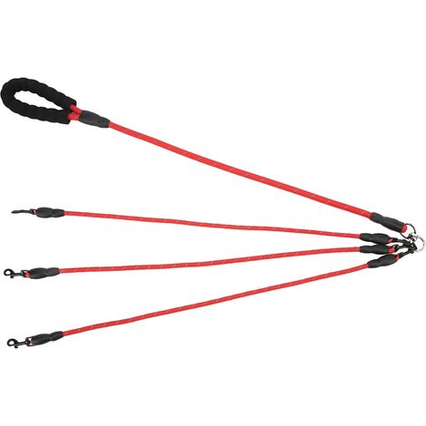Laisse pour chien, rotation à 360°, réfléchissante, marche avec poignée en mousse pour randonnée, camping, jardin, plage, rouge, 3 têtes