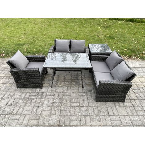 Fimous Wicker PE Rattan Garden Dining Set Outdoor Furniture Sofa with Rectangular Dining Table Love Seat Sofa Side Table Dark Grey Mixed (1/5)