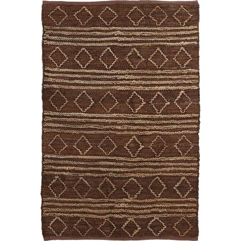 Tapis jute cuir et coton marron motif ethnique chaleureux - marron motifs beiges naturels (1/3)