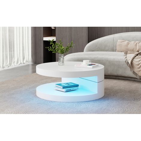 Table basse cylindrique 70x70x35,5cm, plateau supérieur rotatif 360°, table de salon pivotante avec bande LED, meuble d'appoint en MDF blanc, charge max 30kg, structure à 2 niveaux (1/5)