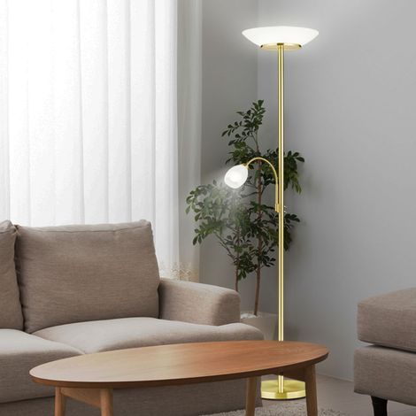 Standleuchte Stehlampe Deckenfluter Wohnzimmer Leselampe Metall messing mit flexiblem Lesespot, getrennt schaltbar, Glasschirm, 2x E27 1x E14, DxH 34x180 cm
