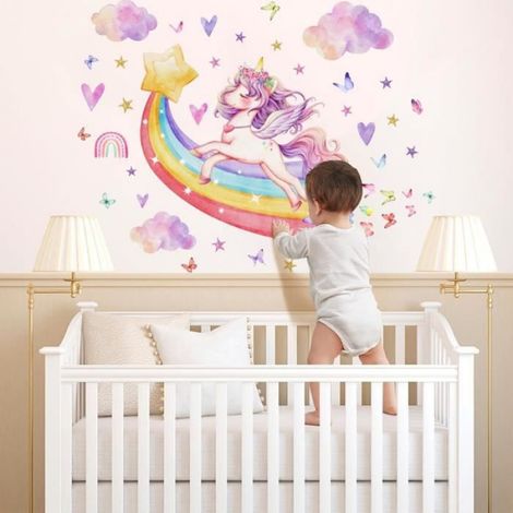 Stickers Muraux Licorne Enfants - - Stickers Mural Arc en Ciel Filles - Papillons Sticker Décoration Mural Chambre Bébé (1/4)