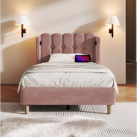 Letto singolo imbottito stile rustico 90x200 cm in velluto rosa con testiera a pannelli e porte USB/USB-C (1/5)