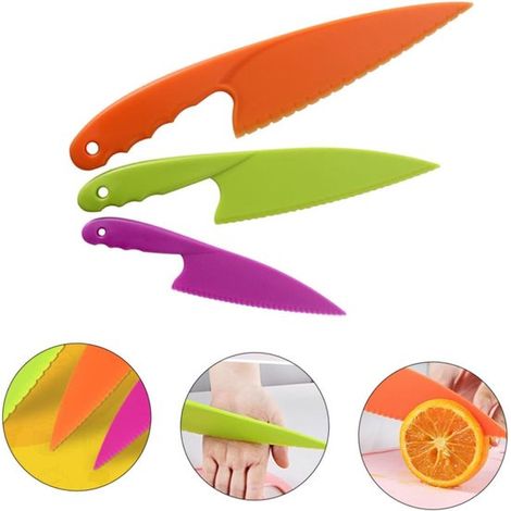 Juego infantil de 3 piezas con cuchillo para fruta y pastel, Material seguro, Cuchillo de cocina, 18528,6 cm, Rosa, naranja, verde (1/5)