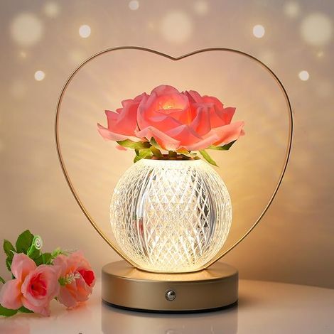 Regalos de cumpleaños para mujeres, lámpara de flores de rosas, luz nocturna portátil, lámpara táctil LED inalámbrica recargable, 3 colores, continuamente regulable, lámpara pequeña, regalos para madr (1/5)