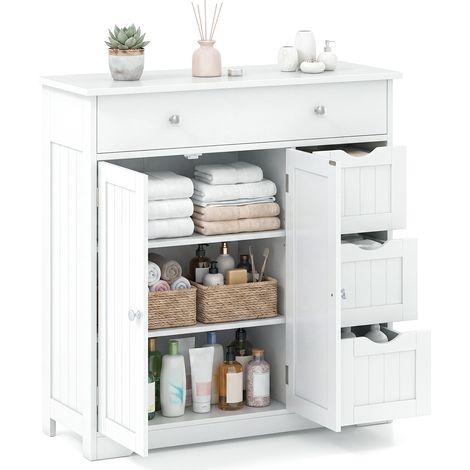 Meuble Salle de Bain en Bois, Armoire Rangement avec Tiroirs, Placard à Double Porte, Étagère Réglable, 2 Dispositifs Anti-basculement (1/5)