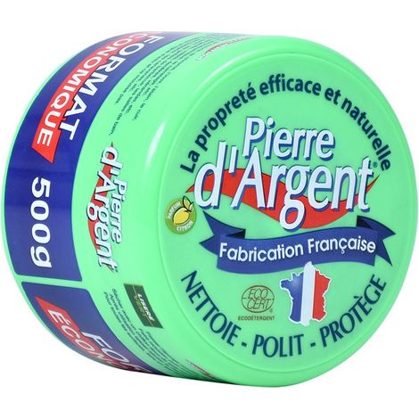 Pierre d'Argent nettoyant ménager multi-usage 500 g – Parfum citron – Éponge incluse – Fabrication française – Certifié ECOCERT – Liseré Vert