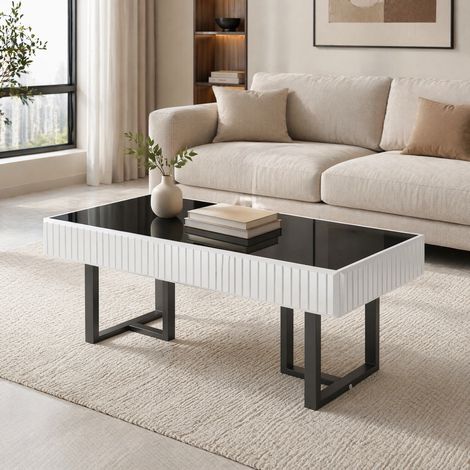 Tavolino da caffè nero e bianco 110 x 50,5 x 41 cm, piano lucido, struttura in metallo (1/5)