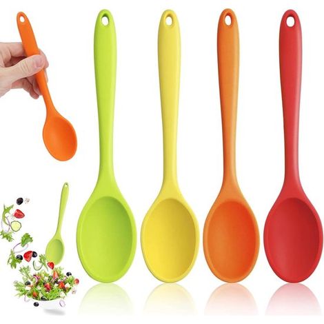 Juego de 4 cucharas de silicona antiadherentes de mango largo para cocinar, remover y hornear. Cucharas de cocina resistentes al calor, sin BPA (1/5)