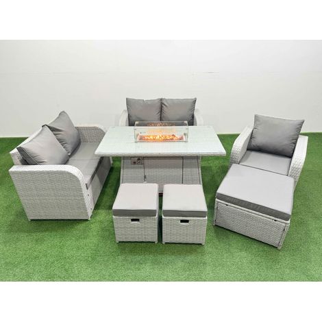 Fimous High Back Poly Rattan Garden Furniture Set with Reclining Chair Loveseat Sofa Firepit Dining Table Indoor Outdoor Patio Set 3 Stools Light Grey (1/4)