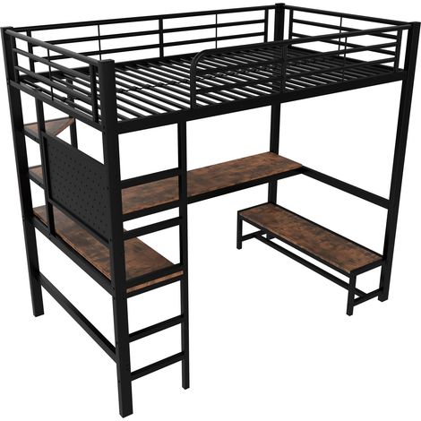 Lit mezzanine, 90 x 200 cm, cadre en fer, bureau, garde-corps, échelle, plusieurs étagères, avec prise USB+Type-C, avec bande LED, avec panneau perforé, sans matelas, noir (1/5)