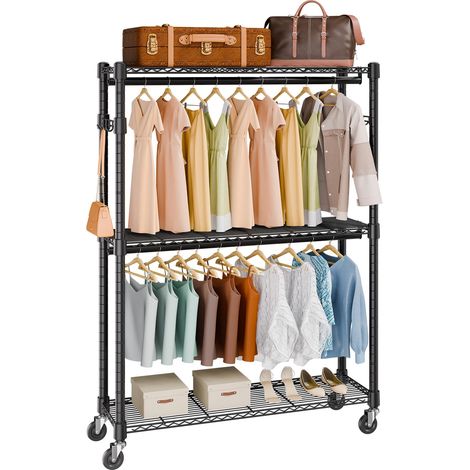 Portant à Vêtements Mobile Porte-Manteau avec Roulettes 2 Tringles 3 Étagères 2 Supports Latéraux Penderie à Vêtements en Acier Charge 182 kg Vestiaire Mobile pour Rangement Chambre à Coucher (1/5)