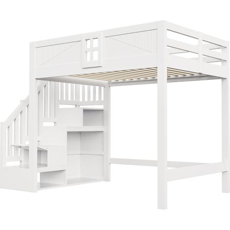 Lit mezzanine 140 x 200 cm blanc avec garde-corps à fenêtre et escalier de rangement réversible (1/5)