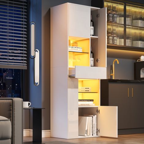 Vitrine blanche 55x38x170cm,1 tiroir + 4 armoires,panneaux verre avec éclairage LED,design moderne pour salon (1/5)