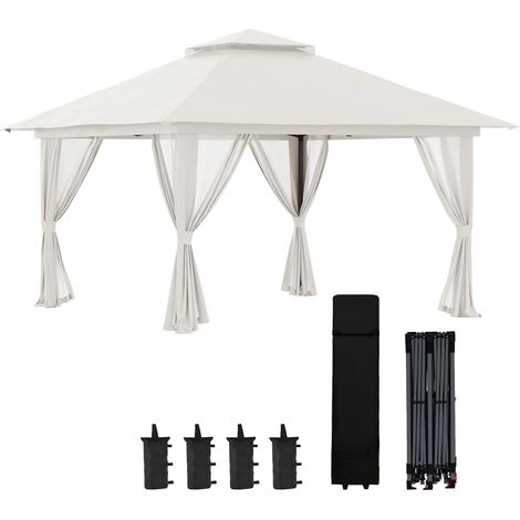 Pavillon pliable, hauteur réglable, 4 parois en filet, toit ventilé, sac de transport, montage rapide, 4 x 4 x 3 m, blanc crème