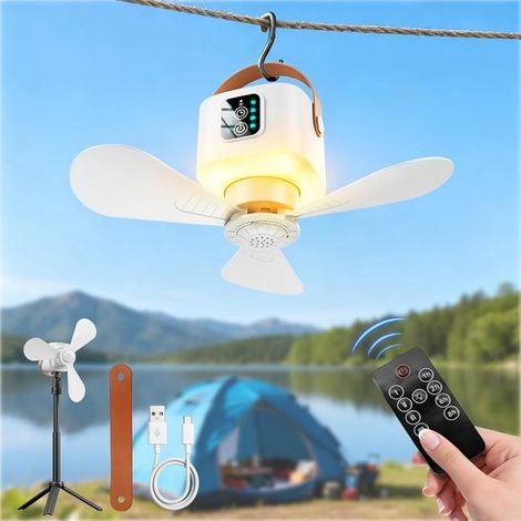 Ventilateur de plafond portable blanc avec 4 vitesses de vent et 3 niveaux d'intensité lumineuse - aux camping-cars - aux plages et aux chambres à coucher (1/5)