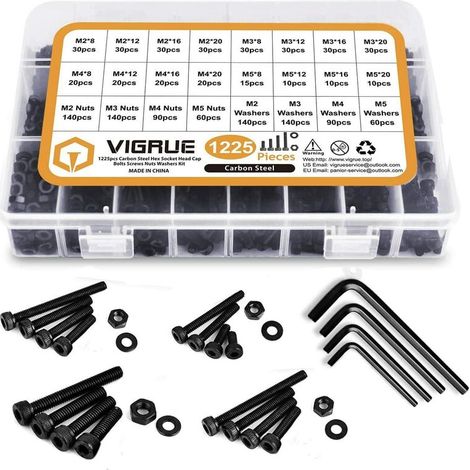 Kit 1225PCS M2 M3 M4 M5 en Acier au Carbone Bouton à tête hexagonale Socket Tête Câble Boulons Vis avec écrous Assortiment (Noir) (1/5)