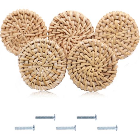 Boutons d'armoire de commode en rotin, 5 pièces en rotin, boutons de tiroir ronds en bois, boutons de meubles pour armoire, tiroirs, salon, cuisine (1/4)
