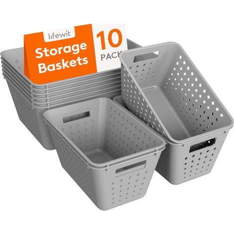 Panier Rangement en Plastique, Panier Basket Empilables Multi-tailles, Storage Basket pour Étagères, Cuisine, Salle de Bain, Armoire, 10 Pièces(6 Grands et 4 Petits), Gris (1/5)