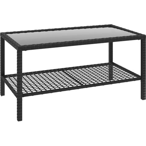 Tavolino da Caffè a 2 livelli 92x50x45 cm con Piano in Vetro Temperato e Ripiano in Acciaio e Rattan Nero (1/5)