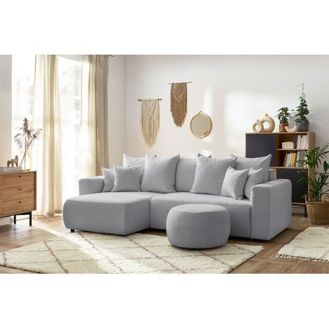 BOBOCHIC - Canapé d'angle réversible convertible coffre ENVY tissu bouclette doux avec pouf rond   Gris clair (1/5)