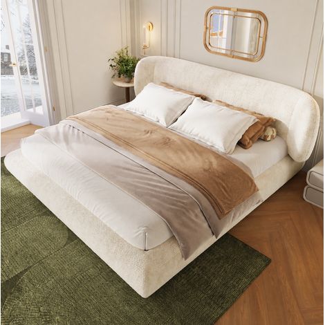 MODFU – Cama de matrimonio 140x190 cm de chenilla con cabecero acolchado, espuma de 12 cm, somier de láminas y carga 300 kg – Beige (1/5)