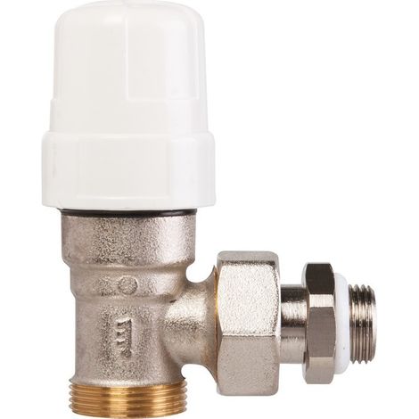 RBM – Corps thermostatique 48 équerre mâle 15x21 – Robinet thermostatisable – Corps laiton nickelé avec douille RFS 1/2 – Poignée manuelle ABS blanc (1/6)