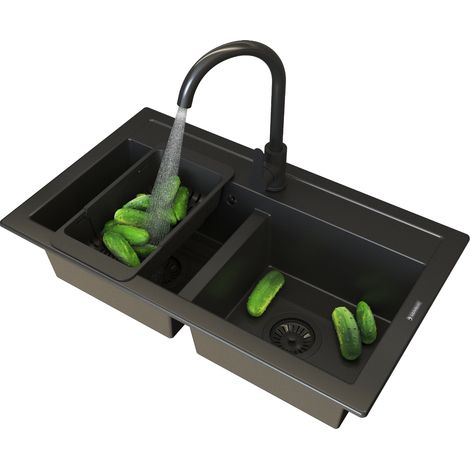 Évier Granit Noir DUET 2 Bacs avec Robinetterie PRESTIGE PLUS et Accessoires (1/5)