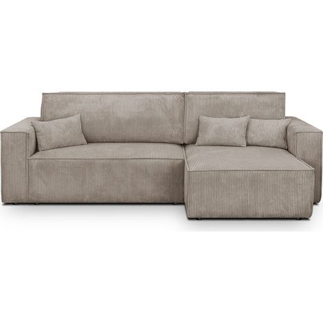 Homifab – Canapé d'angle convertible réversible 4 places – Coffre de rangement – Velours côtelé taupe – Couchage 137x196 cm (1/5)