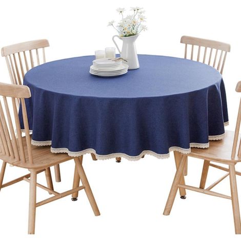Nappe ronde, mélange coton-lin, bleu foncé, 90 cm de diamètre, lavable en machine