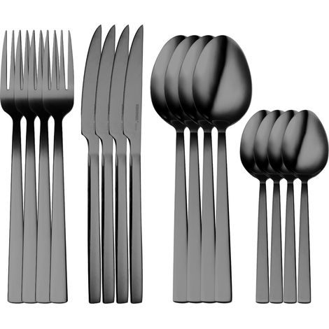 Ensemble de couverts 16 pièces en acier inoxydable - Comprend 4 couteaux, 4 fourchettes, 4 cuillères, 4 cuillères à café - Finition argentée (1/5)