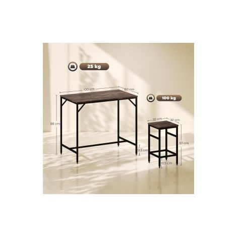 Table haute brune et noire avec 4 tabourets, plateau en aggloméré et structure en acier pour cuisine, bar et salle à manger (1/5)