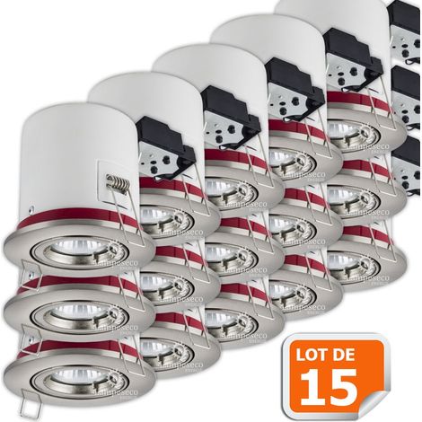 Lampesecoenergie – Lot de 15 supports de spot orientables 100mm – Alu brossé – Douille GU10 automatique – Fixation rapide par ressorts