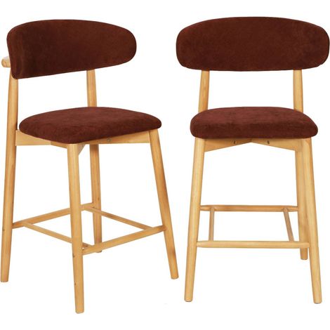 sweeek - 2er-Set Barhocker aus naturfarbenem Heveaholz mit Chenille-Bezug Natur / Bordeaux (1/5)