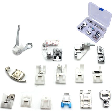 Pied-de-biche - Lot de 15 pieds pour machine à coudre - Compatible avec systèmes standard à tige horizontale - Pour couture créative, sur cuir, broderie, fermetures éclair, boutons - 15 pièces (1/5)