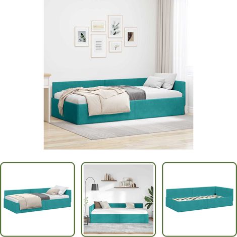 Canapé convertible -  Cadre de lit d'angle avec tête de lit Turquoise 100 cm x 200 cm (1/5)