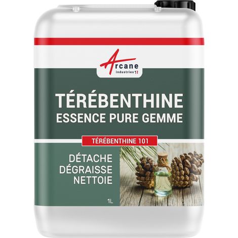 Arcane Industries – Essence de térébenthine pure gemme pour bois – Solvant naturel 1 L – Détachant pour cuir et tissus – Protection bois avec huile de lin