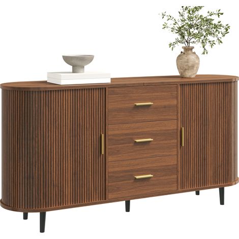 Buffet Design Incurvé, 3 Tiroirs Centraux, Portes Coulissantes, Panneau Rainuré, Poignées Métal, Pieds Fer, Marron