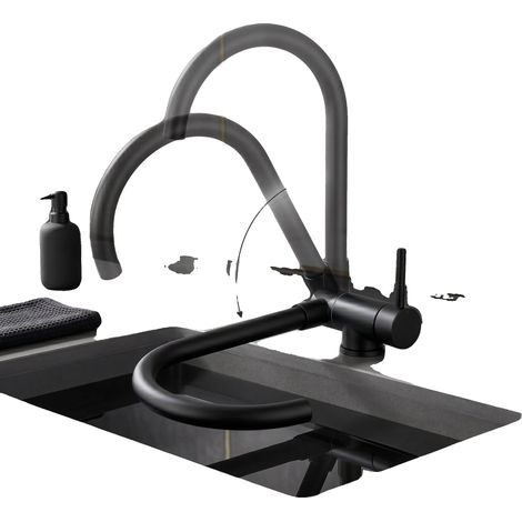 Grifo de cocina plegable, caño giratorio de 360°, color negro. (1/2)