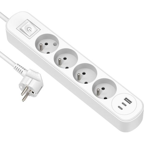 Bloc avec 4 prices+ int+USB 2 C+ AC PD20W, Cable 1,5, 3G1,5, Blanc
