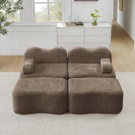 Canapé modulaire 2 places marron en velours avec 2 ottomans et coussin d'accoudoir mobile (1/5)