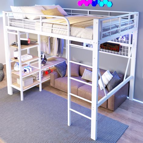 Lit mezzanine 140x200 cm blanc – LED et rangements intégrés, sans matelas (1/5)