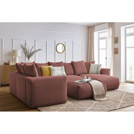 BOBOCHIC - Canapé panoramique fixe modulable VOLTAIRE avec 1 méridienne, 1 angle, 2 chauffeuses et 1 pouf Angle droit Rose (1/5)