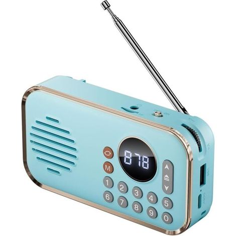 Radio FM portatile ricaricabile, piccolo altoparlante Bluetooth wireless con suono surround, radio vintage USB blu (1/4)