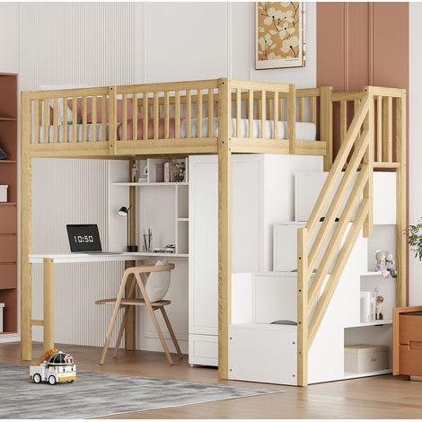 Hochbett 90x200 cm Weiß/Naturholz aus Massivholz mit Kleiderschrank, Tisch, Regal und Stauraumtreppe (1/5)