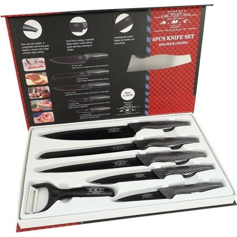 Trade Shop Traesio – Set de 5 couteaux de cuisine en acier au carbone – Revêtement antibactérien et antiadhésif – Couteaux 8" à 3.5" – Éplucheur inclus