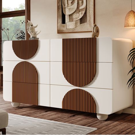 Kommode aus MDF in Weiß mit 6 Schubladen, Holzdetails in Schokoladenbraun, 121 x 41 x 71 cm (1/5)